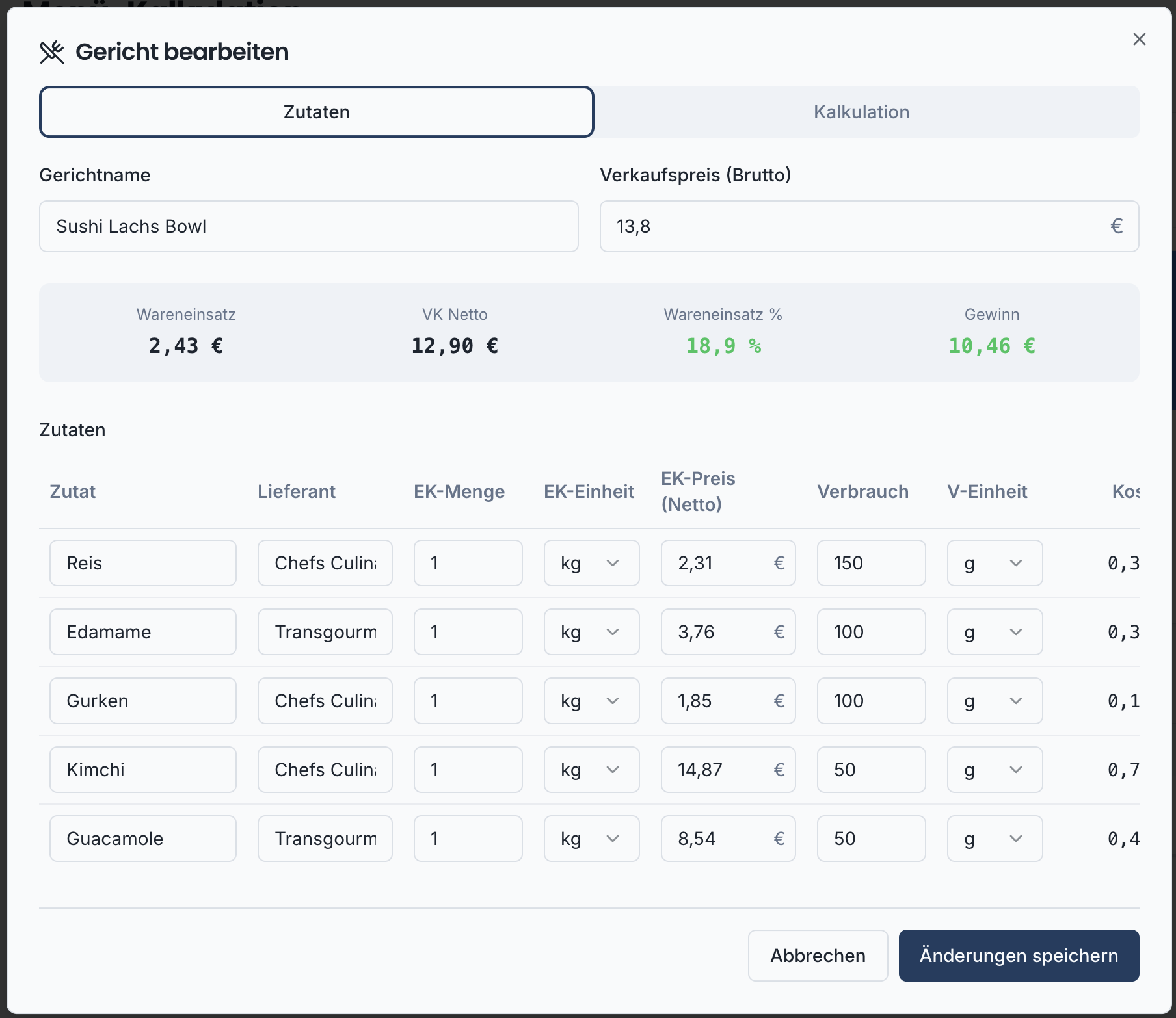 Gastro Profit Kalkulator Dashboard – Übersicht aller Gerichte mit Wareneinsatz, Gewinn und Diagramm